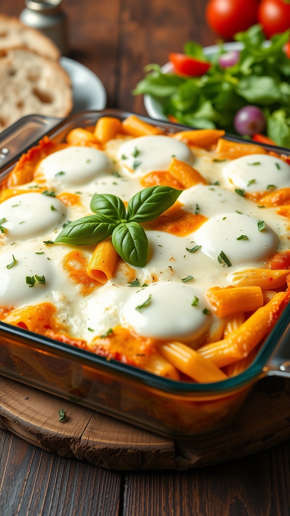 Cheesy Five-Cheese Ziti Pasta Bake, with bubbling cheese and golden crust, served with garlic bread.